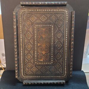 Hand carved wood serving tray serving platter Ethnic carvings geometric design